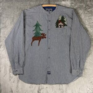 Vintage Coliseum Shirt Mens Size XL Blue Grandad Collar 90s Hickory Stripe Cabin